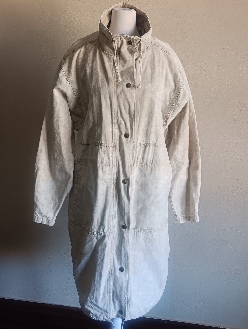 VTG Andy Johns Beige Marble Cotton Snap Up Denim Trench, Jacket Womens Medium